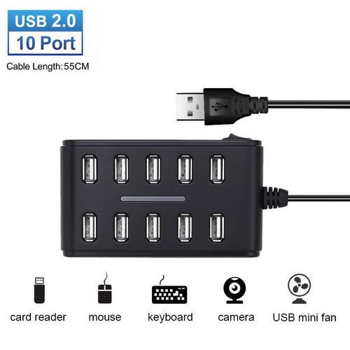 Hub USB 10 ports USB 2.0 noir avec câble d'extension disponible à Dakar au Sénégal