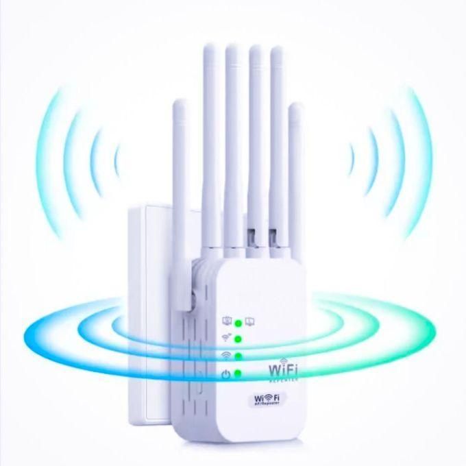 Répéteur WiFi blanc avec 4 antennes et voyants LED pour maison, bureau et commerce