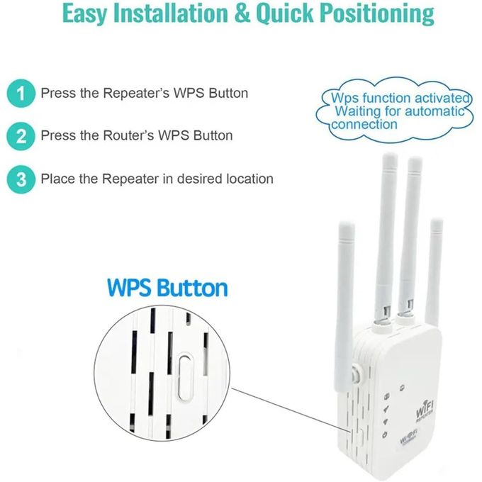 Installation facile par bouton WPS du répéteur WiFi 300 Mbps à quatre antennes